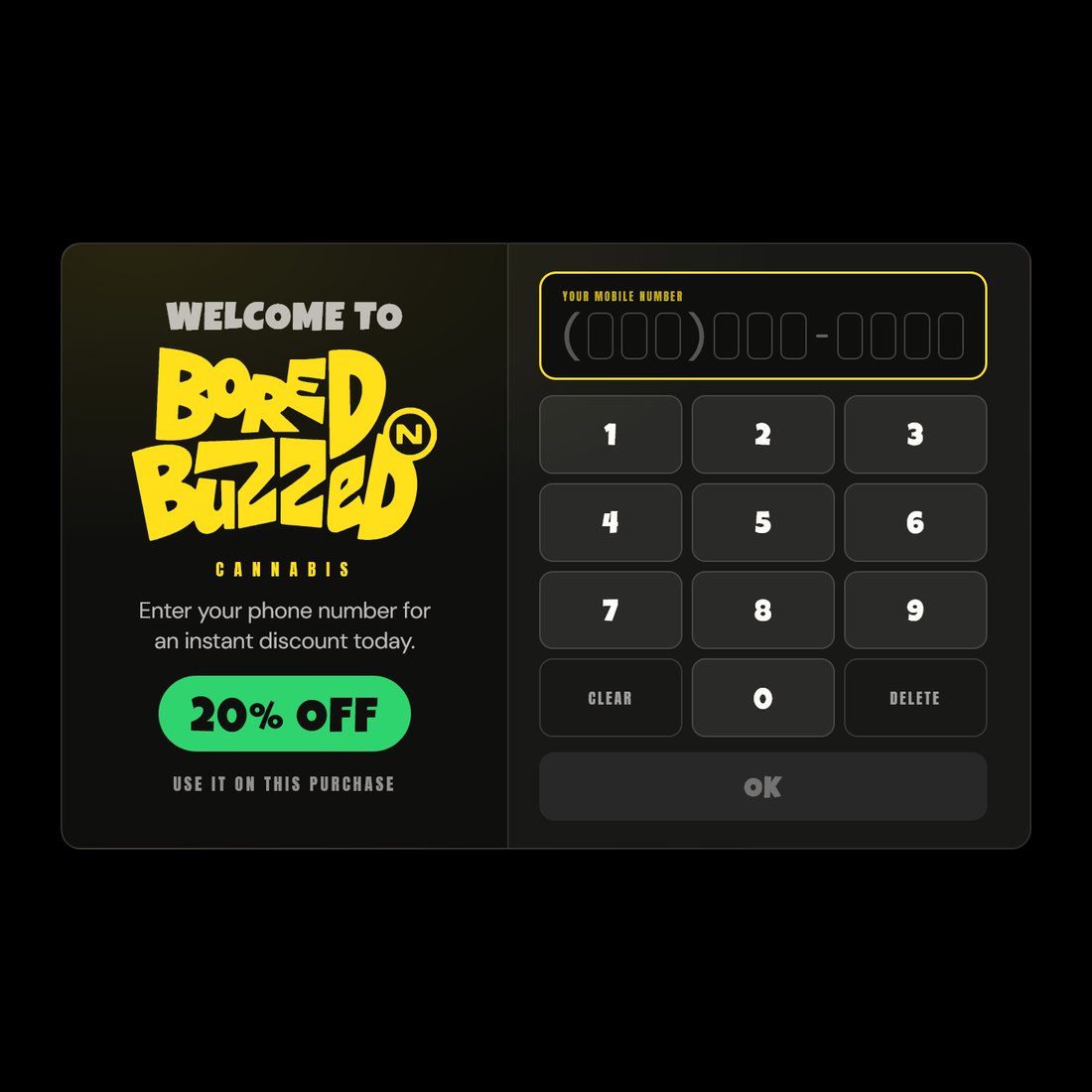 Kiosk entry screen: phone number keypad for an instant 20% off discount