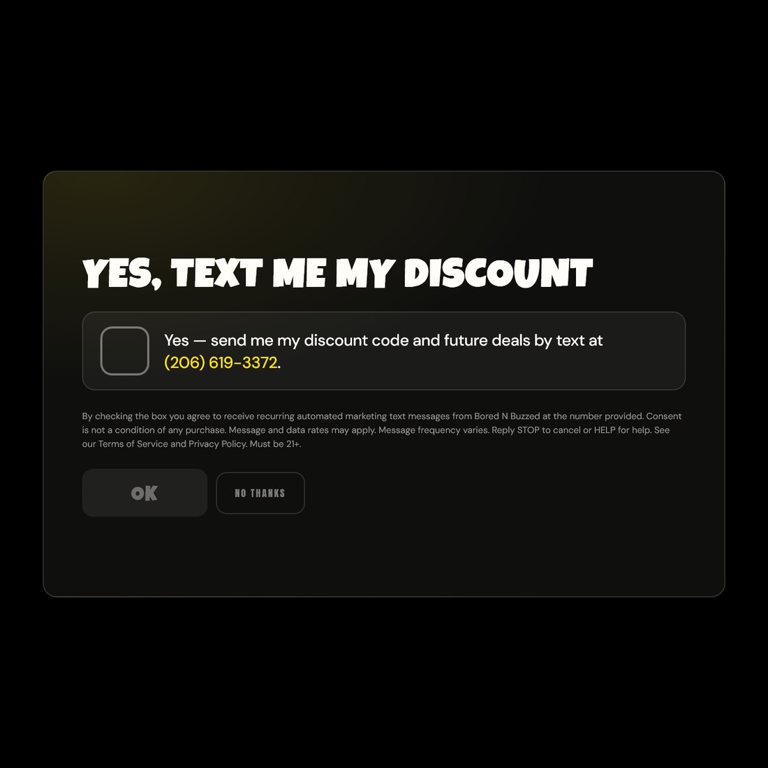 Kiosk opt-in consent screen for SMS messages