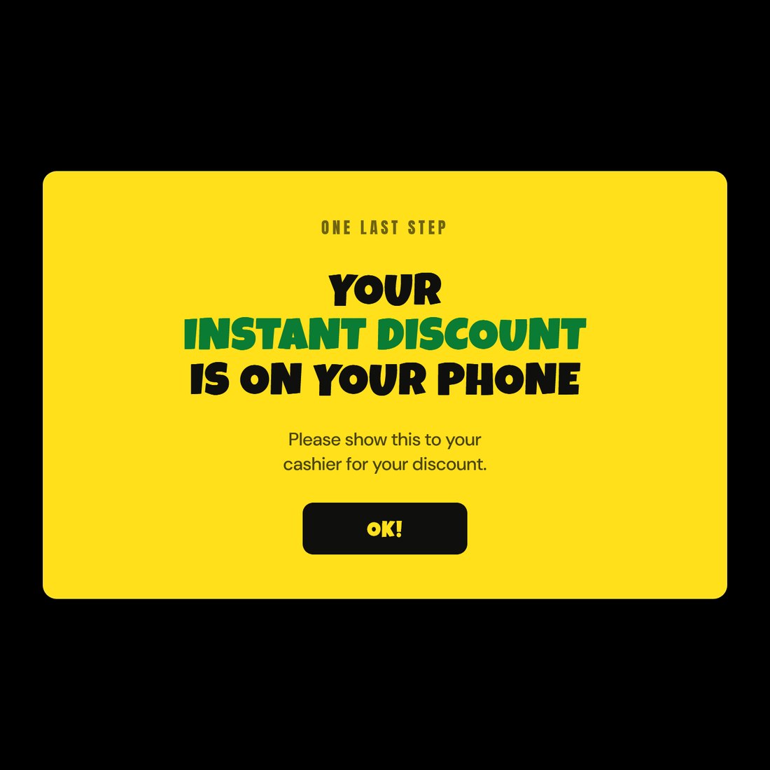 Kiosk show-cashier screen with the discount code